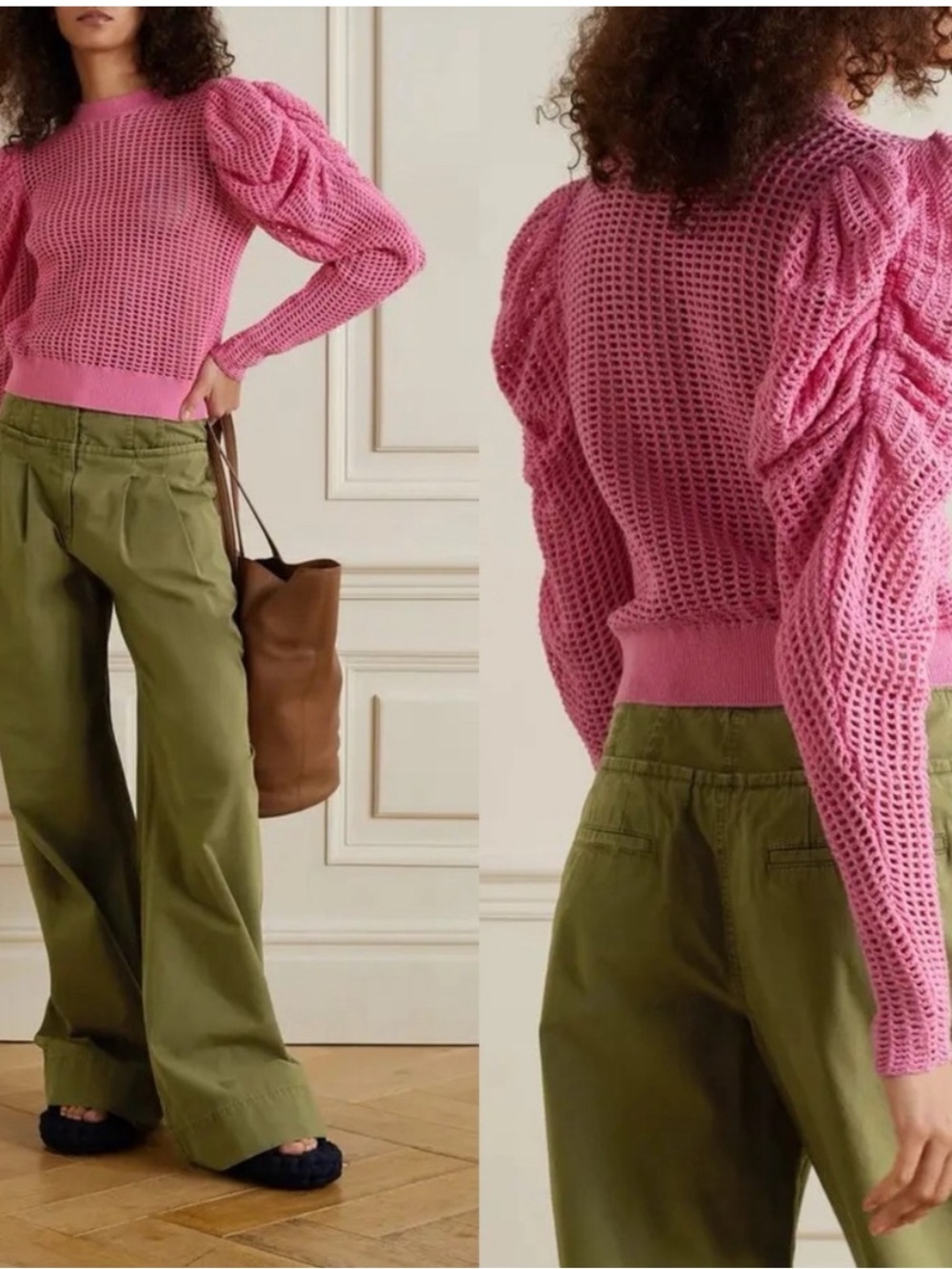 Ulla Johnson Sweater Delaney Open Knit Crochet Crewneck in Pink Dahlia